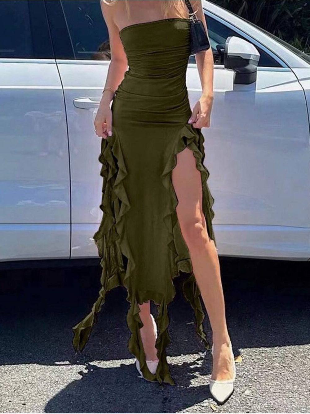 SHEIN Olive Green Strapless Ruffle High-Slit Maxi Dress
